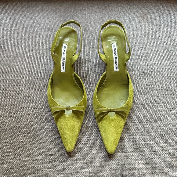 Manolo Blahnik Shoes - Manolo Blahnik Lime Green Suede Pointed Slingback Heels
